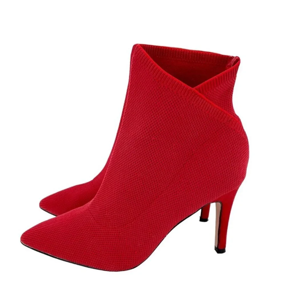 Mia Margerie Red Knit Sock Booties Pull On Stiletto Heel Pointed Toe SZ 8 - Picture 2 of 16
